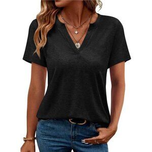 Women's Black V Neck Summer Tops Casual Short Sleeve T Shirts Basic Loose Shirts